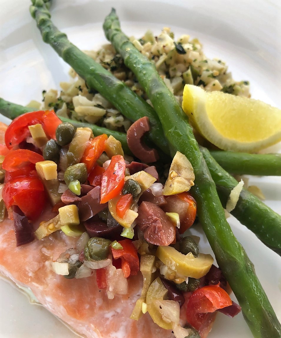 Salmon with Olive and Caper Puttanesca Chutney - Goddess of Garlic